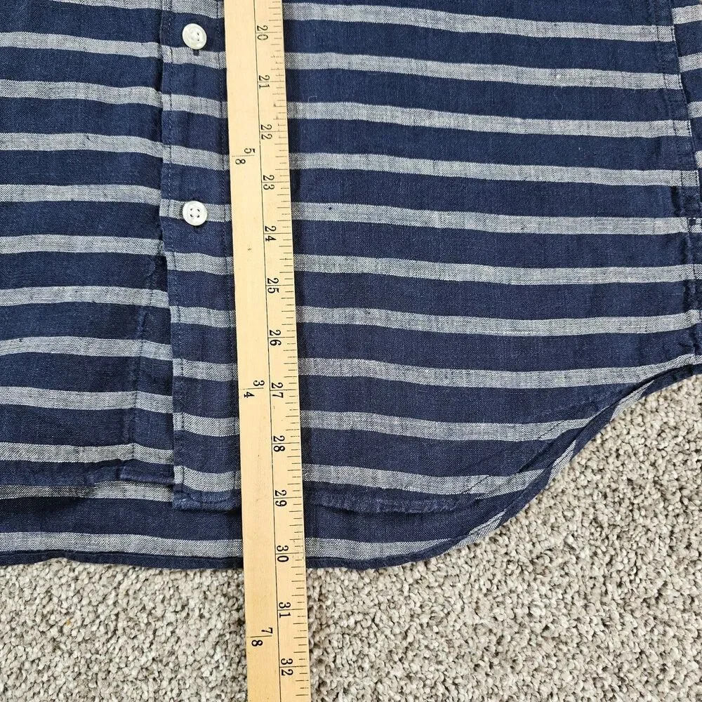 J Crew Shirt Mens Medium Blue Gray Striped Linen Button Pocket Casual Beach